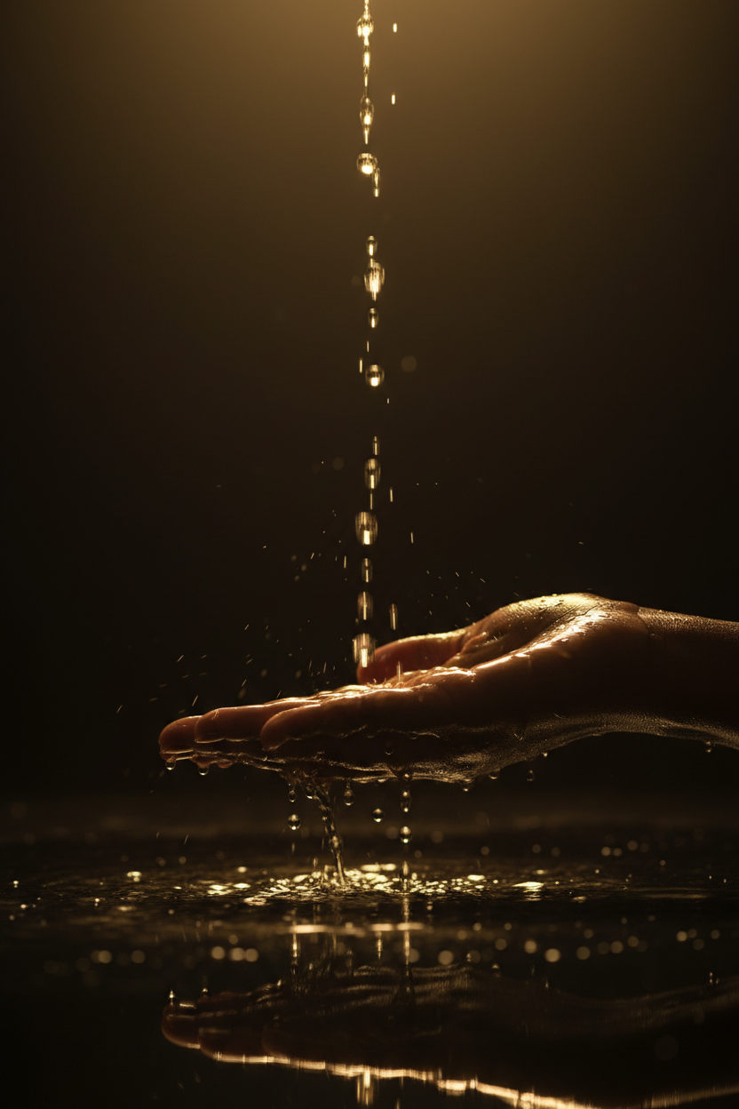La magie de l'eau — main recevant la pluie dorée