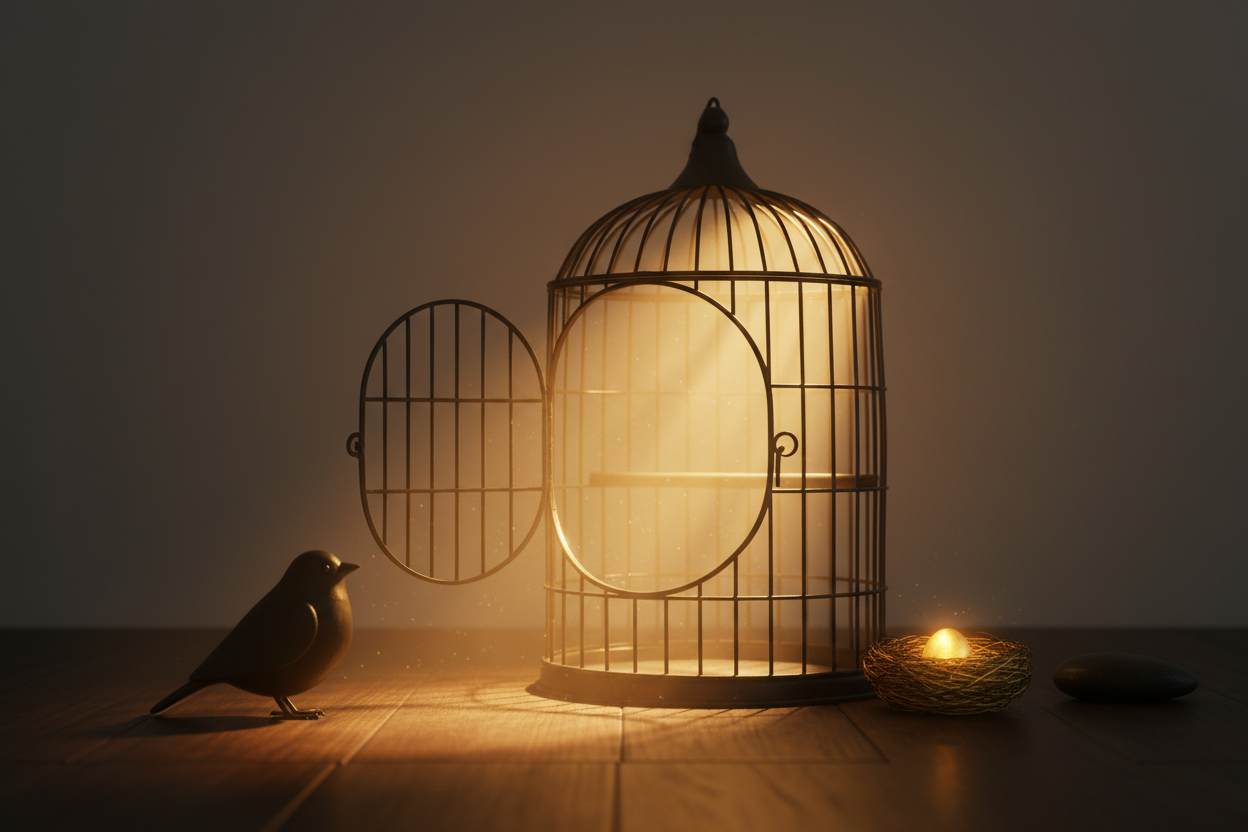 Oiseau devant une cage ouverte illuminée - La cage invisible - Liberté et transformation
